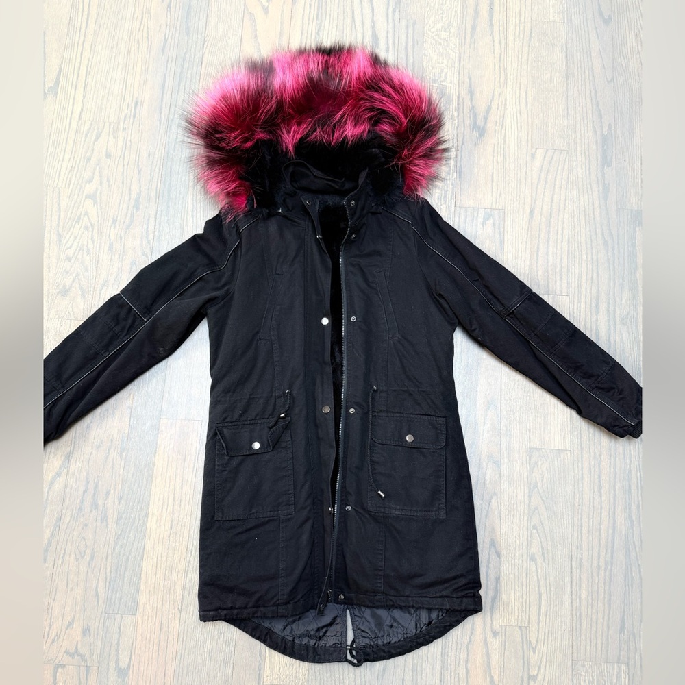 Black Fur Lined Parka with Pink Fur Hood